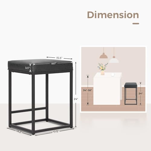 Black Counter Height Bar Stools Set of 2 for Kitchen - 24 Inch, Modern Square Design