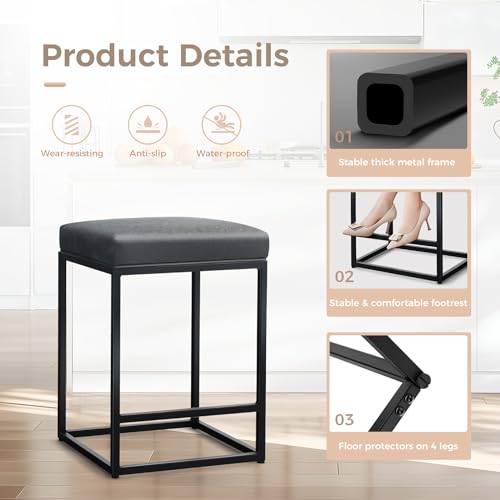 Black Counter Height Bar Stools Set of 2 for Kitchen - 24 Inch, Modern Square Design