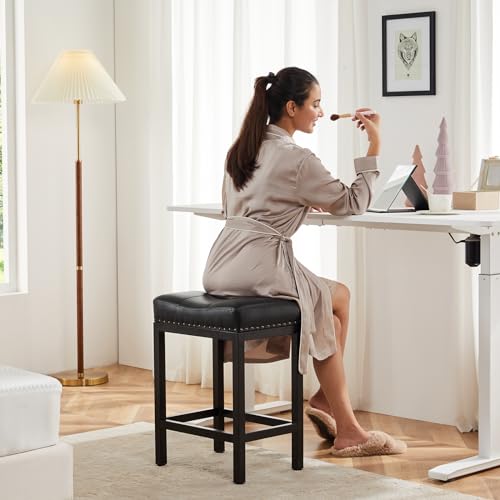 Modern 24" Counter Height Kitchen Barstools, PU Leather, Black Base, Set of 2