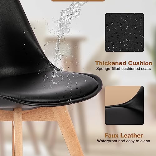 Mid-Century Modern Dining Chairs with Wood Legs and PU Leather Cushion - Set of 4, Black